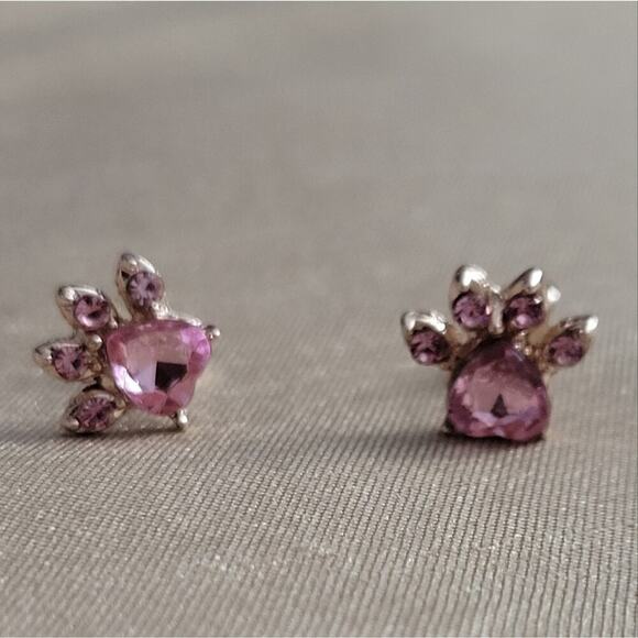Pink and gold tone cat paws crystal earrings - Picture 1 of 4